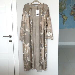 NWT Zara long oversized cardigan beautiful dressy gold silver beige pattern , L